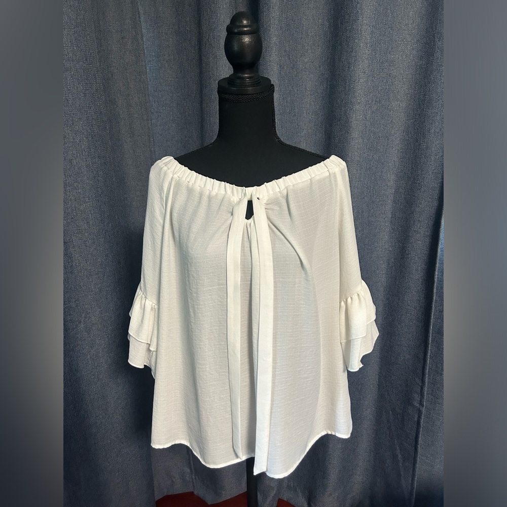 JOSEPH RIBKOFF White Off the Shoulder Ruffle Sleeve Top, Size 10